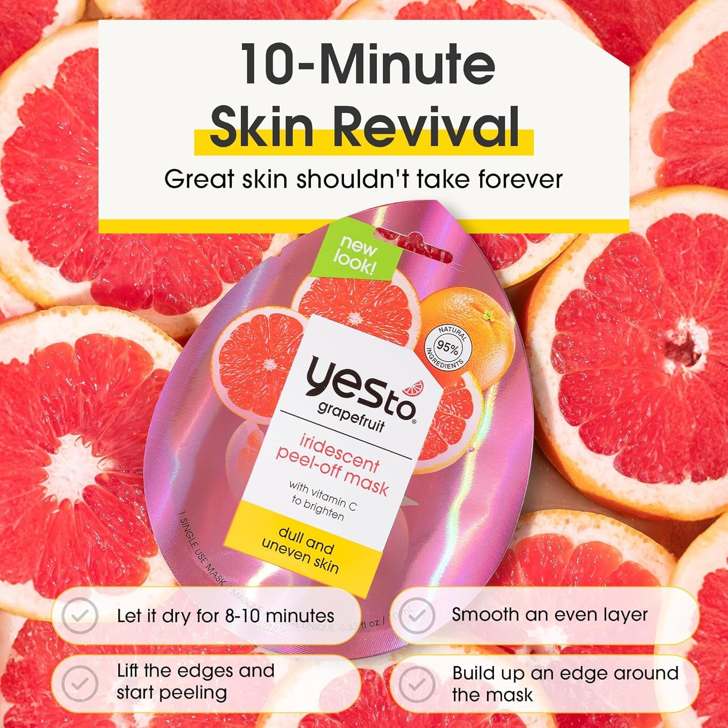 Grapefruit Iridescent Peel off Mask with Vitamin C to Refresh Dull Skin, for Men, Women and Teens, No Paraben, 3 Pack.